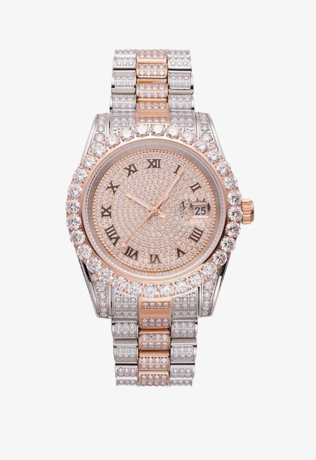 MOISSANITE PRESIDENTIAL WATCH | 41MM | ROMAN NUMERAL DIAL | 18.3CT ICED OUT | 14K ROSE GOLD